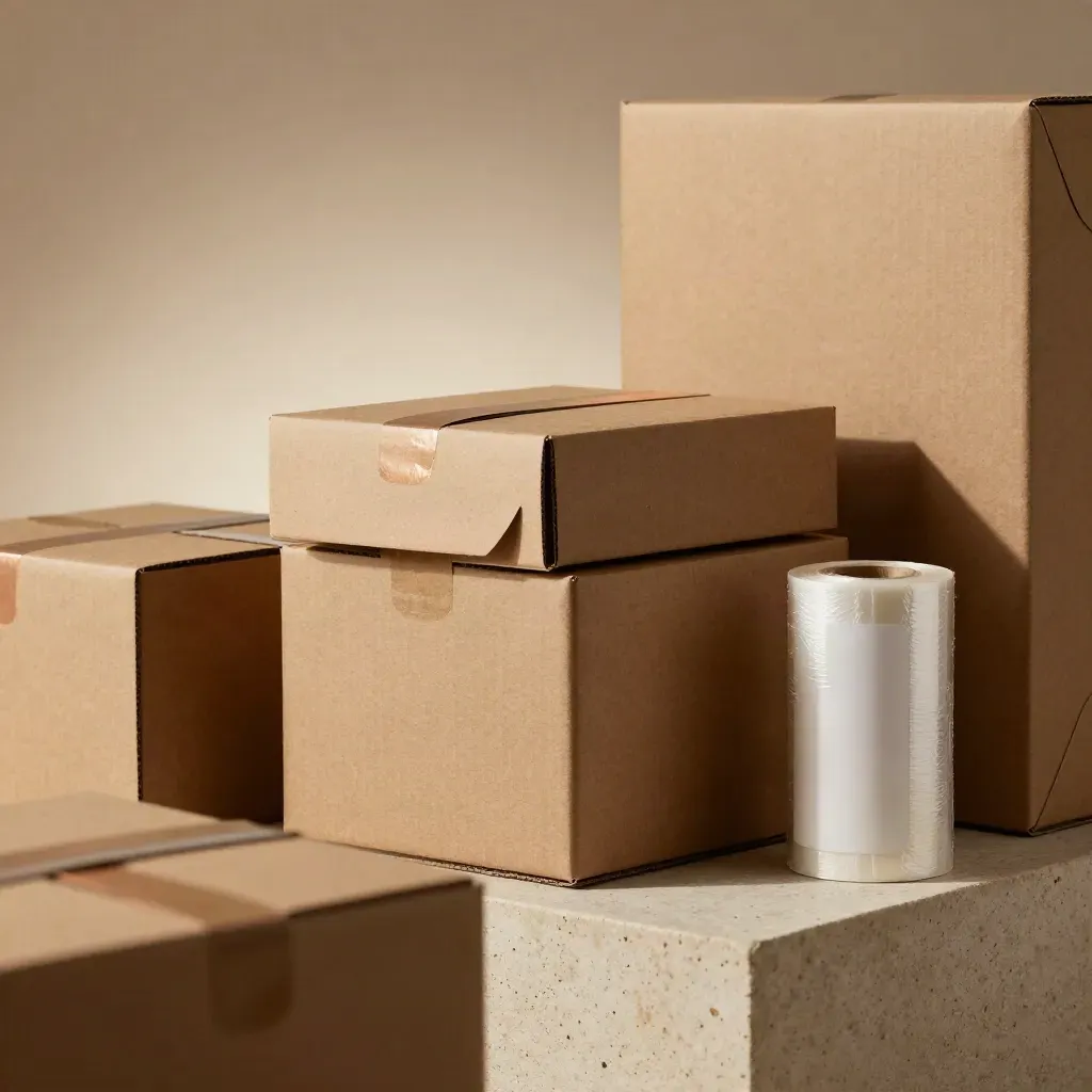 Packaging boxes and tissue wrap on stone plinth with copper accent, low dramatic light