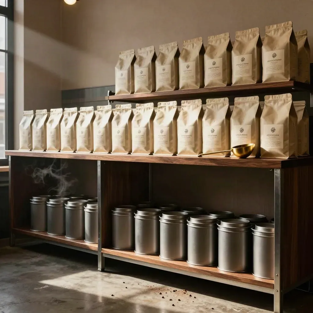 Coffee roastery shelf with labeled bags, brass scoop, and roast tins in warm afternoon light