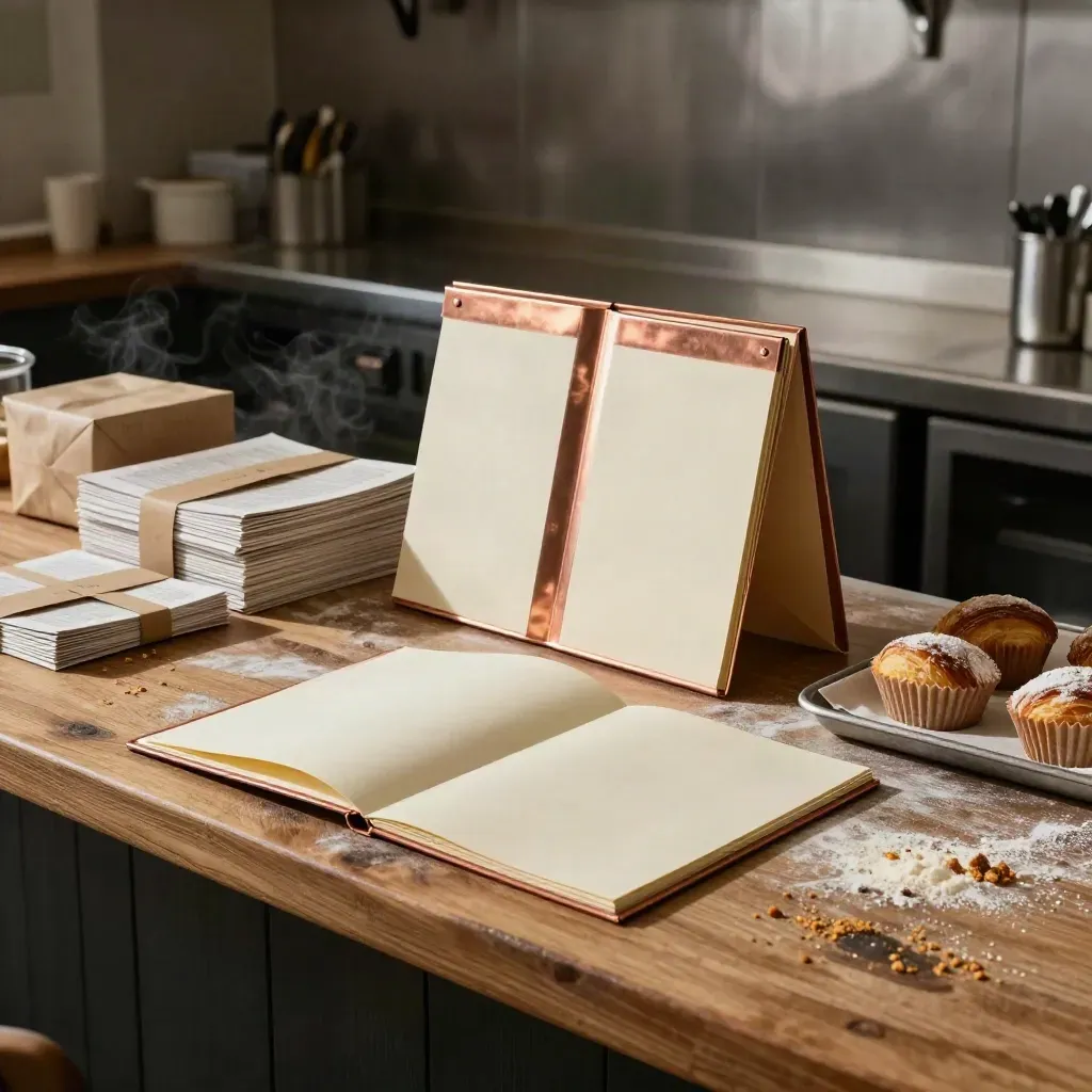 Bakery counter set for opening day with menus, sign frames, paper bags and steam.