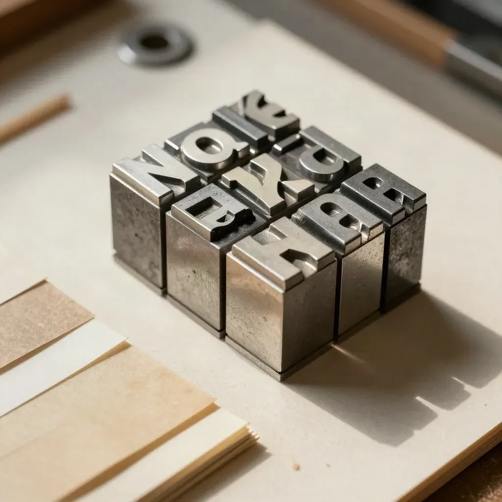 Macro still life of letterpress blocks, bone folder, swatches and punch on a pale board.