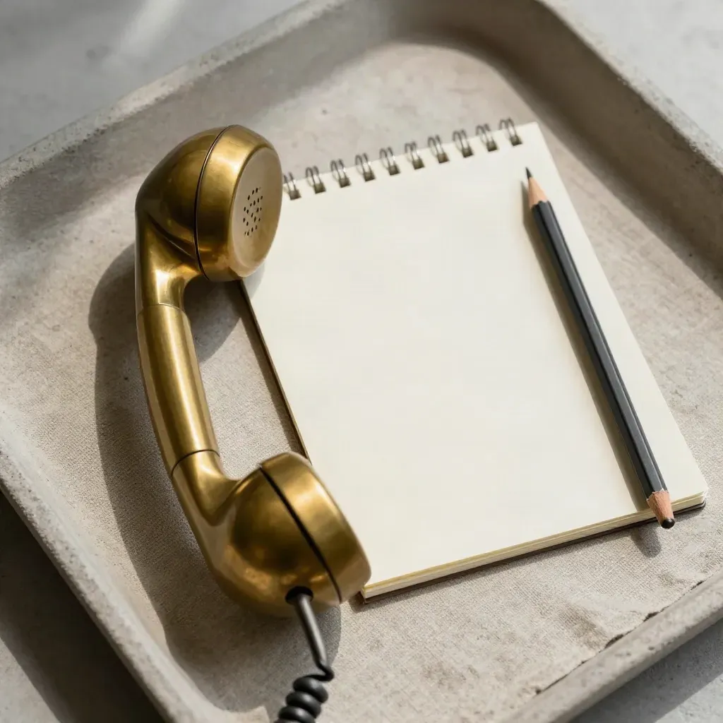 Brass handset, blank notepad and pencil stub on a linen tray, shot from above.