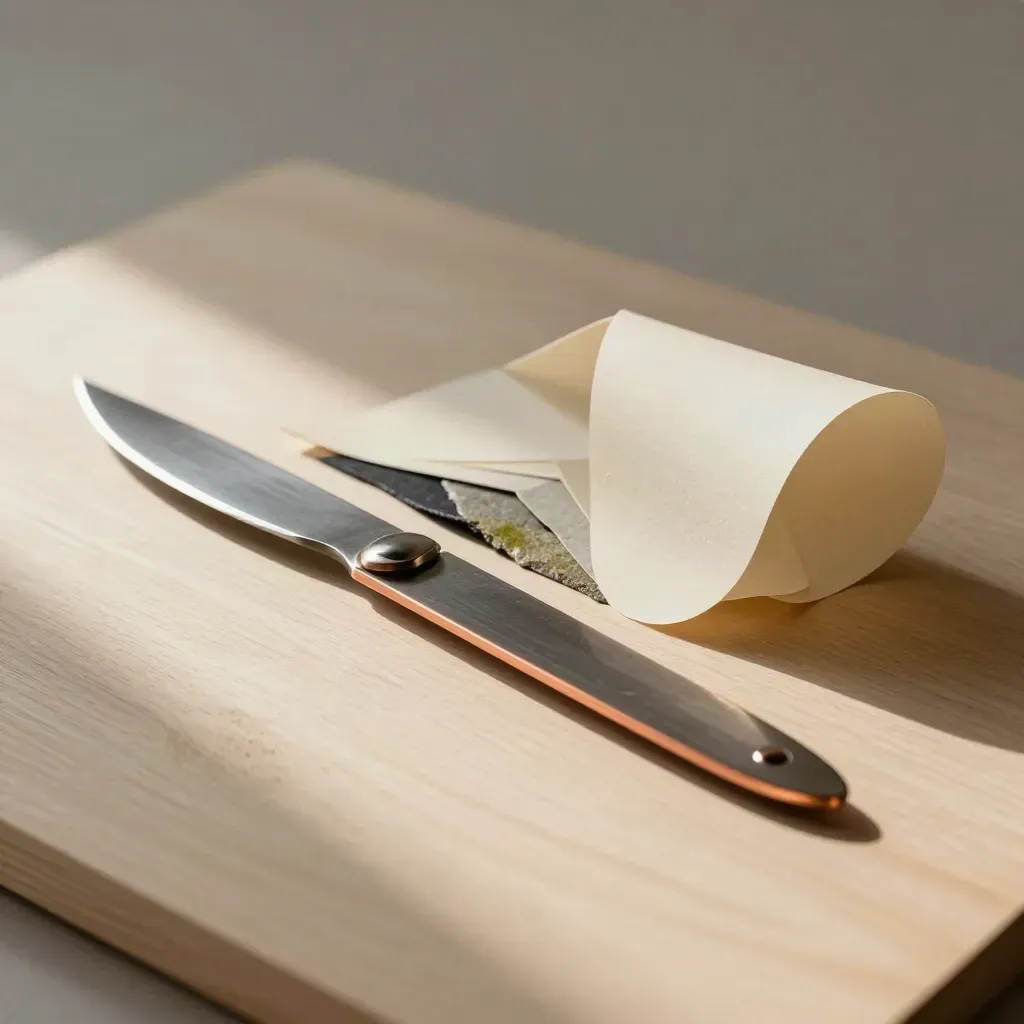 Design tools and swatches on pale wood, lit by soft side daylight.