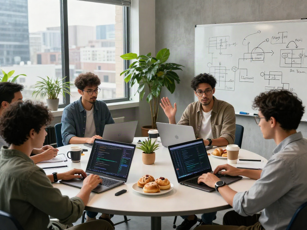 Team of engineers collaborating on AI solutions, showcasing innovative tech workspace with laptops and sketches, reflecting the ai slut concept.