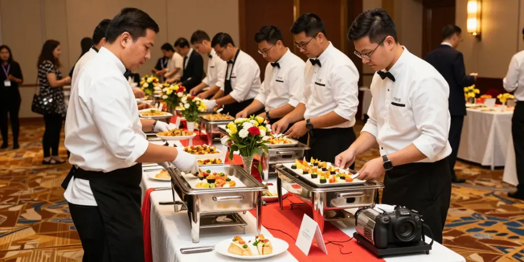 Best Price Catering Equipment showcased in a vibrant event setup with professional caterers and buffet displays